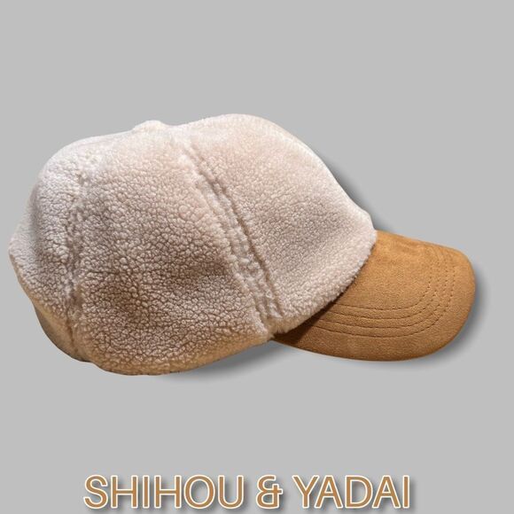 NWOT Sherpa Cap Beige with Brown Faux Suede UNISEX Adjustable - Picture 5 of 8